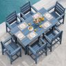 SERWALL 7-Piece Patio Dining Table Sets, Outdoor HDPE Dining Furniture Set with Umbrella Hole Cut-Out Table and 6 Chairs, Blue