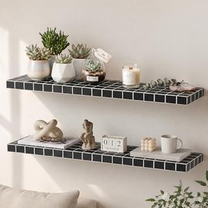 ZttRiee Floating Shelves with Realistic Tile Texture, 35.4'' W Wood Wall Mounted Shelves Set of 2 for for Bathroom, Bedroom, Living Room & Kitchen Decor, Black