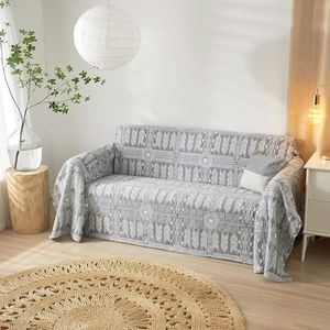 House of Quirk Boho Couch Cover Chenille Sofa Cover Anti-Scratch Protector Soft Tassel Couch Cover Multi-Use Sofa Cover (Grey Boho, 180 x 260 cm)