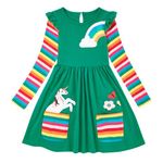 SFreeBo Girls Party Dresses 4-5 Years Kids Cute Cotton Green Dress Litter Girls Tunic Casual Dress with Large Stripe Pockets Unicorn Flower Embroidery Winter Long Sleeve T-Shirt Dress