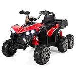 COSTWAY 6 Wheels Kids Electric ATV, 12V Battery Powered Vehicle with 4 Motors, Back Trunk, LED Lights, Music, Story, USB, Ride on Car Quad for Boys Girls (Red)