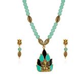 JFL - Jewellery for Less Gold Plated Enamel Ganesha Collection Sea Green Onyx Stone Necklace Set,Valentine