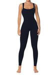 Sunzel Ribbed Yoga Jumpsuits for Women Sexy Seamless Square Neck Tummy Control Workout One Piece Jumpsuits Unitard for Women Navy Blue Medium