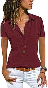 EFOFEI Camicia Casual da Lavoro Utile da Donna Camicetta Manica Corta Tinta Unita Top Camicetta in Chiffon Bordeaux M