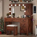 YITAHOME Farmhouse Vanity Makeup Desk with Charging Station, Large Vanity Desk with Lights Mirror and Drawers for Makeup, Modern Vanity Table Set with Vanity Stool for Bedroom, Rustic Brown