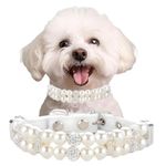 Pearl Small Dog Collar, Pearl Cat Collar PU Leather Girls Dogs Necklace with Crystal Diamond Rhinestone Jewlled for Female Puppy Kitten XS Small Medium Dogs Wedding & Birthday Gift (White,S)