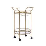 Linon Teagan Gold Metal Round Mobile Bar Cart with Mirrored Shelves