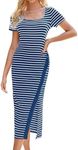 GRACE KARIN Women's Short Sleeve Summer Dresses 2025 Striped Bodycon Midi Dresses Blue S