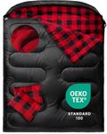 MEREZA Flannel Double Sleeping Bag for Adults Cold Weather, XL Queen Size Sleeping Bag for All Season 2 Person Big and Tall Sleeping Bags for Camping 0 Degree with Pillow (BLACK&RED)