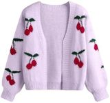 GORGLITTER Girl's Cherry Pattern Open Front Cardigan Long Sleeve Lightweight Knit Sweater Tops Purple 10Y