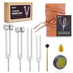 Hugbow Tuning Forks for Healing, Aluminum Alloy Tuning Fork 128Hz, 136.1Hz, 256Hz, 384Hz, Hockey Puck Activator & Gem feet, Weighted & Unweighted Tuning Fork Set with Vegan Leather Pouch