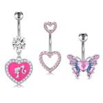 AVYRING 14G Belly Button Rings, Pink Heart Dangle Butterfly Belly Bar Stainless Steel CZ Navel Barbell Stud Body Belly Navel Piercing for Women Girls 10mm