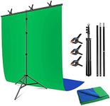 Abeststudio Green Blue Collapsible Screen Backdrop with Background Stand 1.8Mx 2.8M 2-in-1 Chromakey Reversible Blue Green Screen Background + 6.5ft x 6.5ft/2m x 2m Adjustable Portable T Shape Backdrop Stand + 3 Spring Clamps