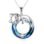 Vadmans Cat Necklace Sterling Silver Cat Pendant Blue Crystal Jewelry Gifts for Women Girls