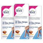 Veet Full Body Waxing Strips Kit - Sensitive Skin | 20 Strips (Pack of 3) | 20 Pre-Coated Wax Strips & 4 Perfect Finishing Wipes | 28 Days Smoothness | Arms, Underarms, Legs & Bikini Area (VWKGTNS12)
