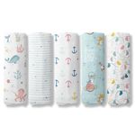 haus & kinder Nautical Collection 100% Cotton Muslin Baby Swaddles Wrap for Newborn Baby, Size 100Cm X 100Cm, Pack of 5 (Anchor, Dots, Ocean, Elephant, Spacewalk), Multi-Colour