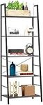 HOMEFORT Ladder Shelf, 5-Tier Bookshelf, Freestanding Display Plant Shelf, Wood Bookcase with Metal Frame for Living Room, Office, White