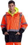 Hi Vis Rain Jacket for Men,Waterproof Class 3 Safety Rain Suit with Removable Hood & Black Bottom,High Visibility Rain Gear with Interior Mesh Lining