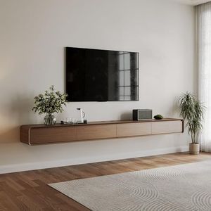 POVISON Fully-Assembled Minimalist Floating TV Stand, Modern Wall-Mounted Entertainment Center with 4 Flip-Down Cabinet Doors, Solid Wood Media Console, 110.24"