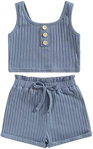 LIOMENGZI Toddler Girls Summer Clothes Solid Color Button Ribbed Vest Crop Tops Drawstring Shorts Infant Cute Outfit (Blue, 6-12 Months)