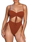 Viottiset Women's Cut Out Drawstring One Piece Swimsuit Cheeky High Cut Bathing Suit, Burnt Orange, Small