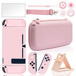 BRHE Cute Travel Carrying Case for Nintendo Switch / Switch OLED Accessories Kit with Hard Protective Cover, Glass Screen Protector, Adjustable Stand and Thumb Grip Caps 10 in 1(Switch Pink)