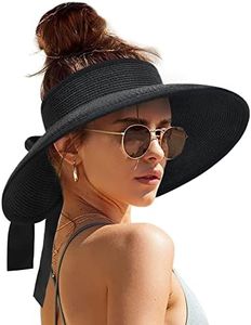 camptrace UPF 50+ Sun Visors for Women Wide Brim Beach Hat Foldable Straw Visor Hat Ponytail Summer Packable, Black, One Size