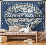 Ambesonne Modern Tapestry, Pacific Waves Surf Camp and Hawaii Logo Motif Effects Design, Wide Wall Hanging for Bedroom Living Room Dorm, 60" X 40", Khaki Slate Blue