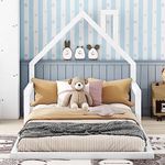 Harper & Bright Designs Twin Kids Bed with House-Shaped Headboard, Twin Floor Bed with Solid Wood Slats,Twin Size Platform Bed Frame for Girls Boys,No Box Spring Needed, White