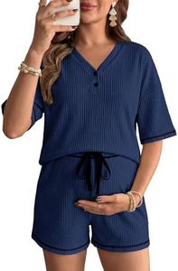 BLENCOT Womens Maternity V Neck Button Nursing Pajamas Set Short Sleeve Breastfeeding Shirts Pregnancy Shorts 2 Piece Nursing PJS Navy Blue 2XL