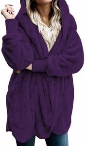 Zilcremo Women Hooded Cardigan Fuzzy Jacket Winter Open Front Fleece Coat Outwear with Pockets Purple S