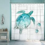 SUMGAR Beach Shower Curtain Teal Sea Turtle Coastal Theme Bathroom Curtains Blue Ocean Sea Animals Bath Curtains Turquoise Grey Rustic Polyester Waterproof with 12 White Curtain Rings, 180x180cm