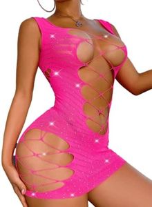 RSLOVE Womens Fishnet Lingerie Mesh Chemise Babydoll Bodysuit Lace Smock Lingerie for Women Pink