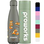 Proworks Performance Stainless Steel Sports Water Bottle | Double Insulated Vacuum Flask for 12 Hours Hot & 24 Hours Cold Drinks For Home, Work, Gym & Travel BPA Free - 500ml - Gravity Grey Foxy Yoga