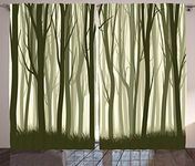 Ambesonne Apartment Decor Curtains, Mother Nature Theme Illustration of Misty Forest with Trees, Living Room Bedroom Window Drapes 2 Panel Set, 108 W X 63 L Inches, Army Green and Sage Green