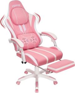 HOFFREE Pink Gaming Chair Massage Big and Tall Video Game Chair for Adults 400lbs Computer Gaming Chair with Footrest for Heavy People Reclining Gaming Chairs Pink and White
