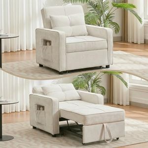 3-in-1 Folding Convertible Sofa Bed, Single Sleeper Chair with Side Pockets, Chenille Recliner Sofa with Pull Out Bed & Adjustable Backrest, Small Couch Bed with Pillow for Living Room, Lounge (Beige)