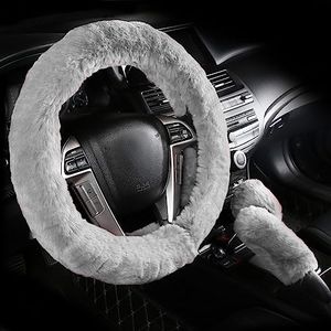 Fluffy Steering Wheel Cover Cute 3 Pcs with Handbrake Cover & Gear Shift Cover Soft Warm Plush Steering Wheel Cover for Women Girl (Silver Gray)