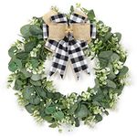 Dremisland 18" Artificial Eucalyptus Wreath with Plaid Bow | Spring Summer Large Green Leaf Wreath for Front Door Window Porch Farmhouse Decor Festival Celebration Home Decor (White&Black Plaid)