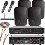 800W Stereo Bluetooth Karaoke / Public Address System | 2 Channel Mixer Amplifier Amp Kit | 4x 200W Black Wall Mounted Speakers | 2x UHF Wireless Microphones | Bar Pub Club Hall Audio | Echo Alexa