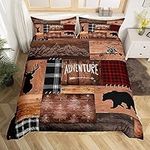 Adventure Camper Duvet Cover Twin,Brown Rustic Farmhouse Barn Door Bedding Set for Kids Teens Adults,Red Black Check Geometric Patchwork Quilt Cover Bear Deer Arrow Comforter Cover,1 Pillowcase