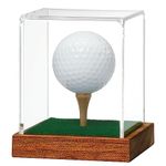 JupDec Golf Ball Display Case Clear Acrylic Memorabilia Stand Cube Holder with Wood Base & Tee, Dust Protection Transparent Storage Box for Single Ball Souvenir Golfball Collections, Brown, 1 Pack