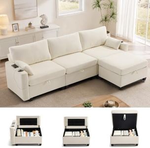 VBONDA 110" Modular Sectional Couch with Storage Seat & Ottoman,3 Seater L Shaped Deep Seat Sofa with USB Charging Port and Cupholder for Living Room,Beige