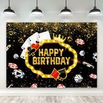 Riyidecor Casino Happy Birthday Backdrop Las Vegas Game Night Theme Poker Cards Dice 7Wx5H Feet Polyester Fabric Golden Glitter Dots Photography Background Party Table Decor Banner Studio Photo Shoot