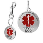 Activedogs Service Dog Chrome Tag - Double Sided - ADA Access Required by Federal Law with Red Medical Alert Symbol 1.25 inch. Easily to Attach to Collar, Leash or Harness Vest