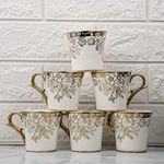 Femora Premium Gold Floral Buds Leaves Ceramic Coffee & Tea Cup Set of 6, 160 ML