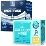 AllSett Health Body Wipes and Incontinence Bed Pads Bundle - 400 Count Body Wipes (8" x 12") with Aloe Vera & Vitamin E + Pack of 50 36" x 36" Disposable Bed Pads for Adults, Elderly and Pets