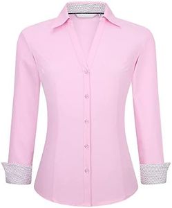 WARHORSEE Womens Button Down Shirt Long Sleeve Work Dress Shirts, V Neck Easy Care Stretchy Business Casual Blouses for Women(Pink,s)