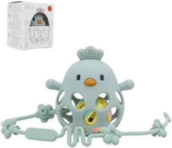MÜVI - Mordedor bebé de silicona con forma de pezón, alivio dental para dentición. Juguete Sensorial y estimulante, fácil de agarrar, con correa y sonajero. (Salvia)