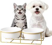 Elevated Dog Bowls for Food and Water - Double Ceramic Bowls with Metal Stand - Pet Feeding Set for Small Dogs and Cats - Each Holds 400ml / 2 Cups (Approx. 200g) - White